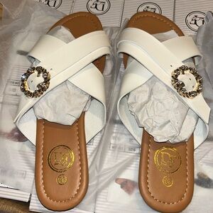 Women's White Cross-Strap Slide Sandals with Decorative Gold Buckle